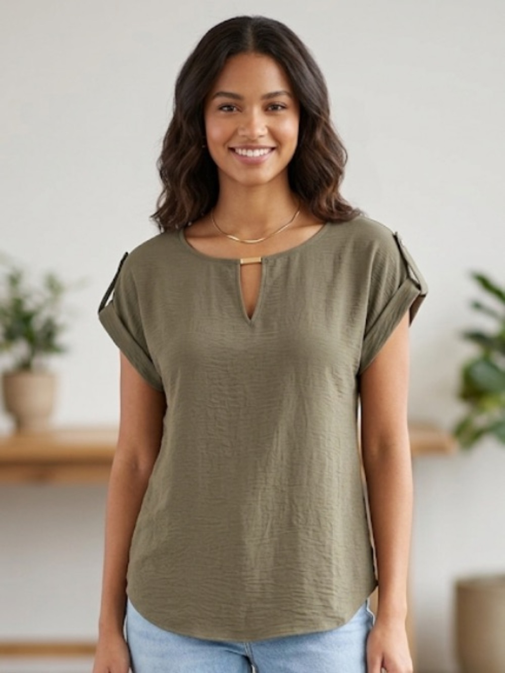 Calvin Klein Olive Blouse with Button Detail